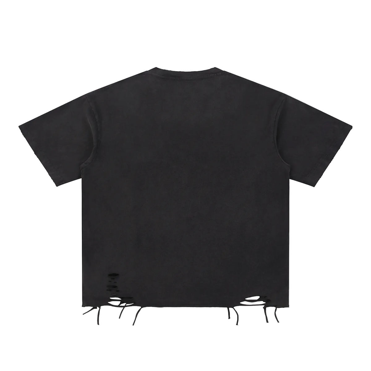 Back view of dark gray The Richest T-shirt with a washed finish and distressed hem details.