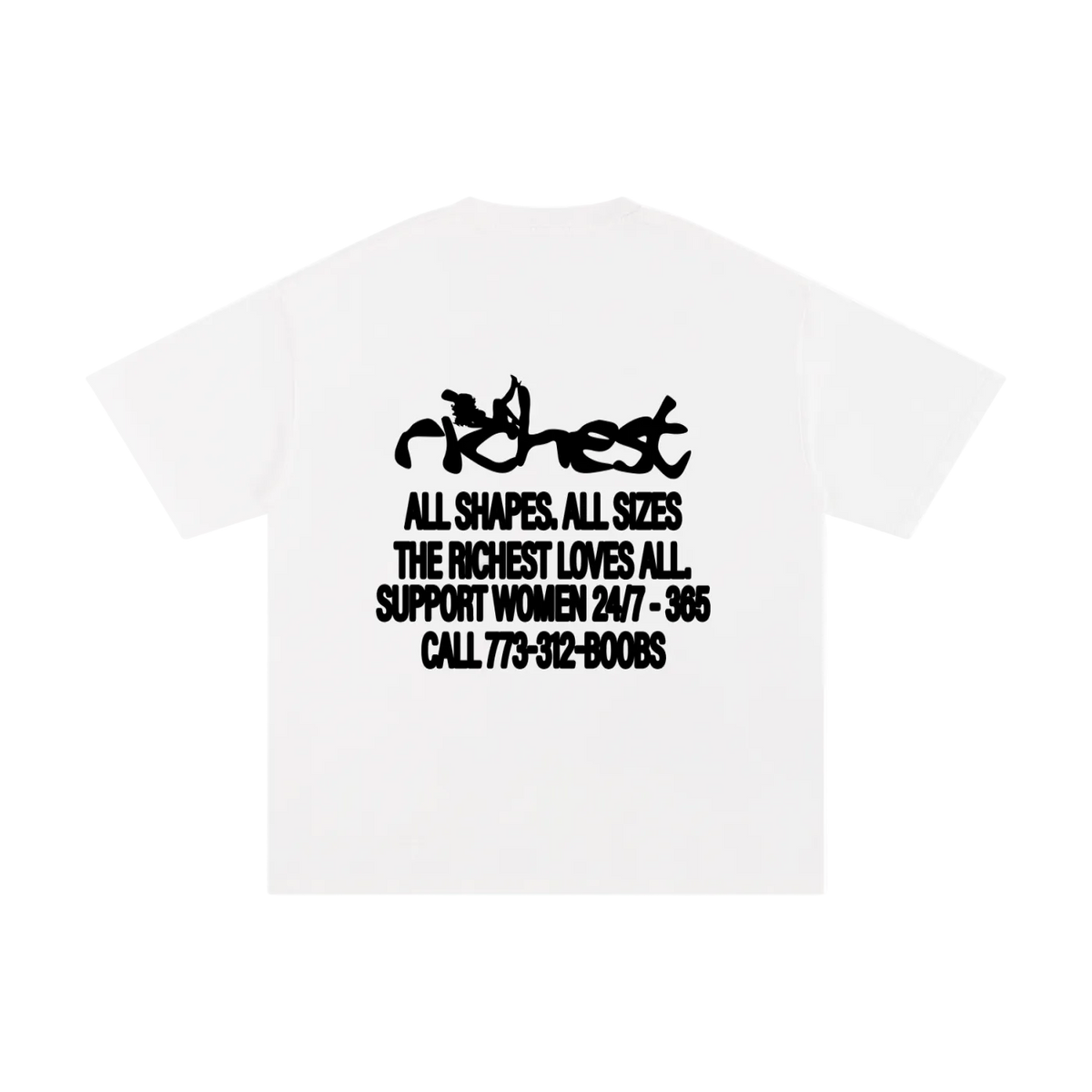 Back view of white Respect Women tee with black All Shapes, All Sizes and Support Women 24/7 - 365 text graphic