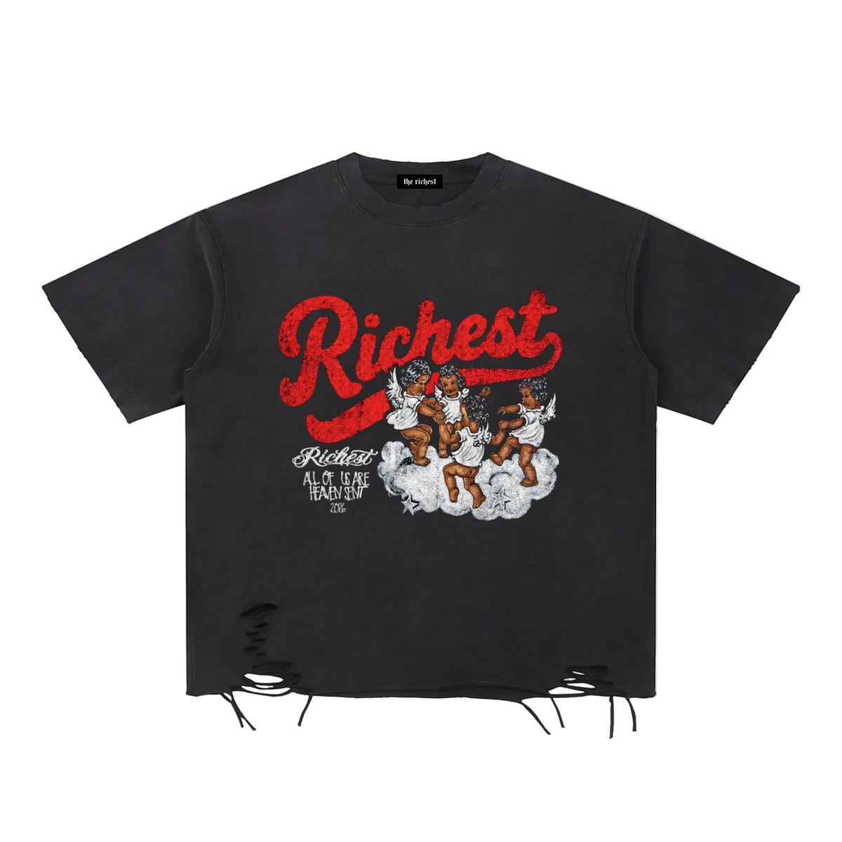 Dark gray The Richest graphic T-shirt with red Richest script and illustrated angel design on the front.