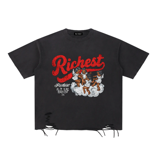 Dark gray The Richest graphic T-shirt with red Richest script and illustrated angel design on the front.