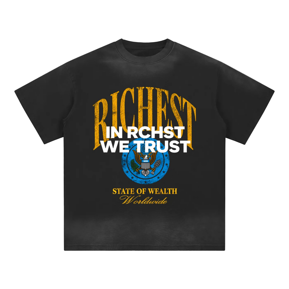 Asphalt gray RCHST graphic tee with yellow RICHEST lettering, white IN RCHST WE TRUST text, and blue seal