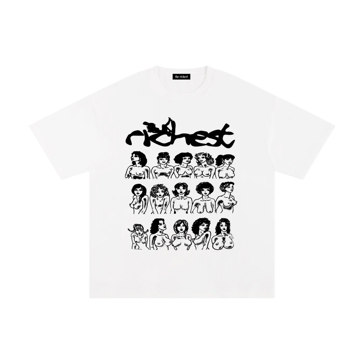 White Respect Women graphic tee with black Richest lettering and a grid of illustrated figures