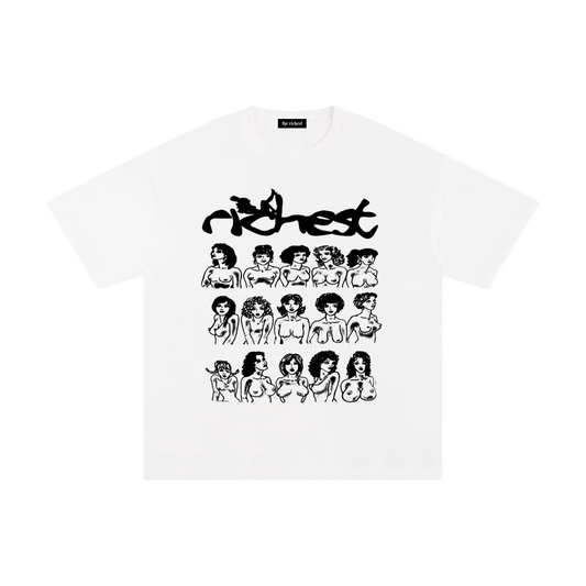 White Respect Women graphic tee with black Richest lettering and a grid of illustrated figures