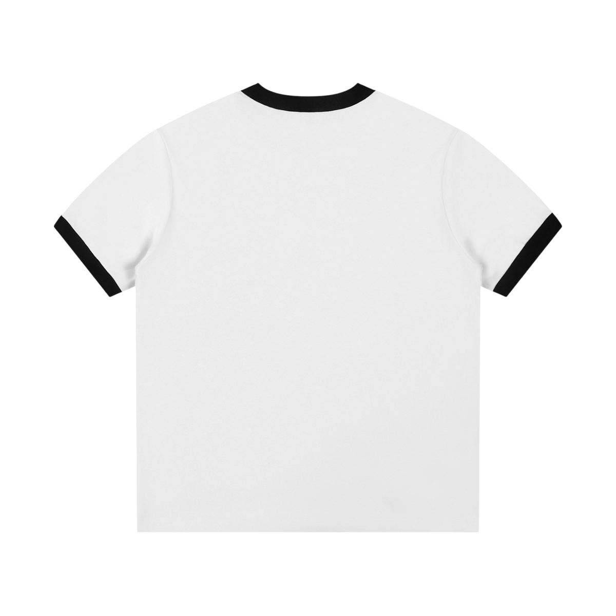 Back view of white Property of Richest ringer tee with black collar and sleeve trim and a plain back
