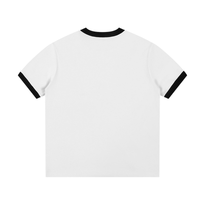 Back view of white Property of Richest ringer tee with black collar and sleeve trim and a plain back