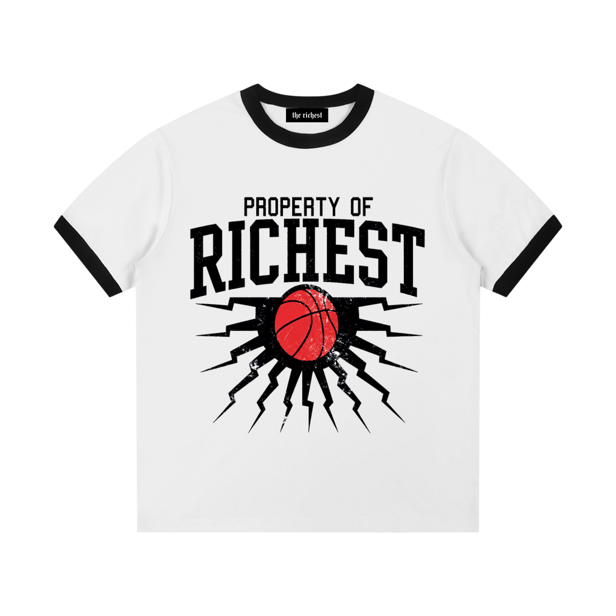 White Property of Richest ringer tee with black trim and a red basketball distressed graphic