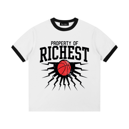 White Property of Richest ringer tee with black trim and a red basketball distressed graphic