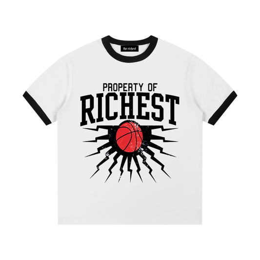 White Property of Richest ringer tee with black trim and a red basketball distressed graphic