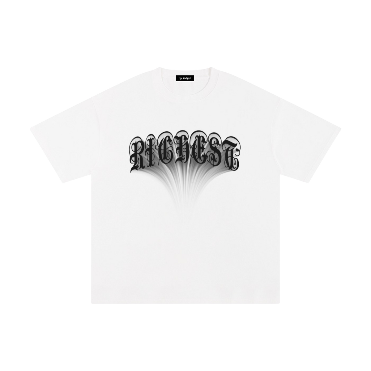 White Futuristic graphic tee with black and gray gothic RICHEST lettering and shadow effect