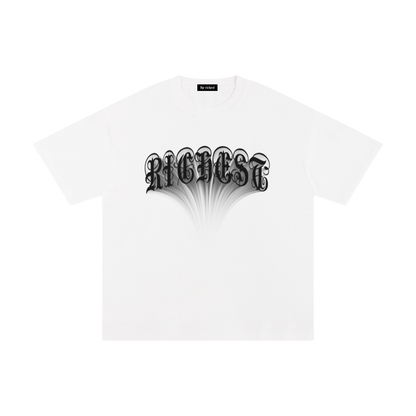 White Futuristic graphic tee with black and gray gothic RICHEST lettering and shadow effect