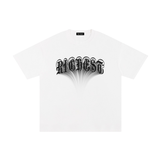 White Futuristic graphic tee with black and gray gothic RICHEST lettering and shadow effect